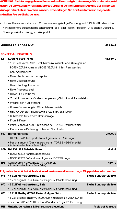 2012 Ford Mustang Boss Laguna Seca - Preise